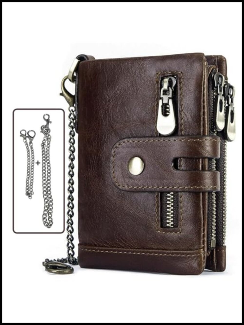 Genuine Leather Anti-Theft Wallet with Chain Men Biker Trifold RFID Wallet